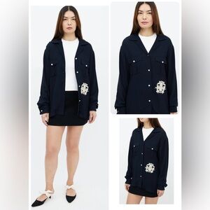 Dries Van Noten Women's Navy &Cream Embroidered Shirt Size 36